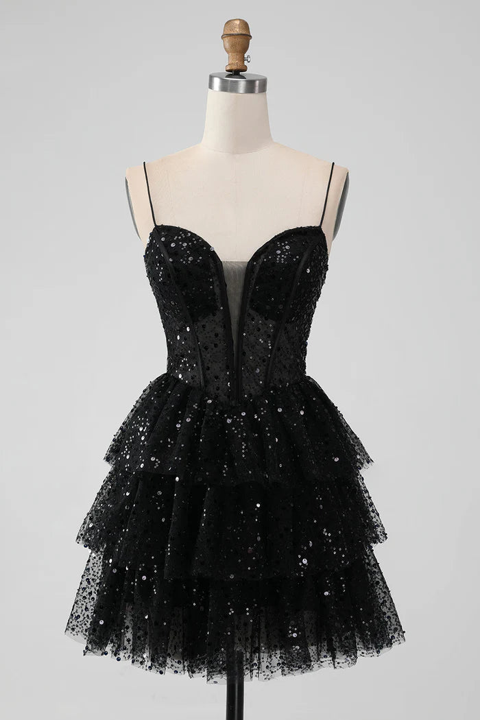 Weitese Dress Sparkly Black Spaghetti Straps Tiered Short Homecoming Dress Sequins Sleeveless Party Dress